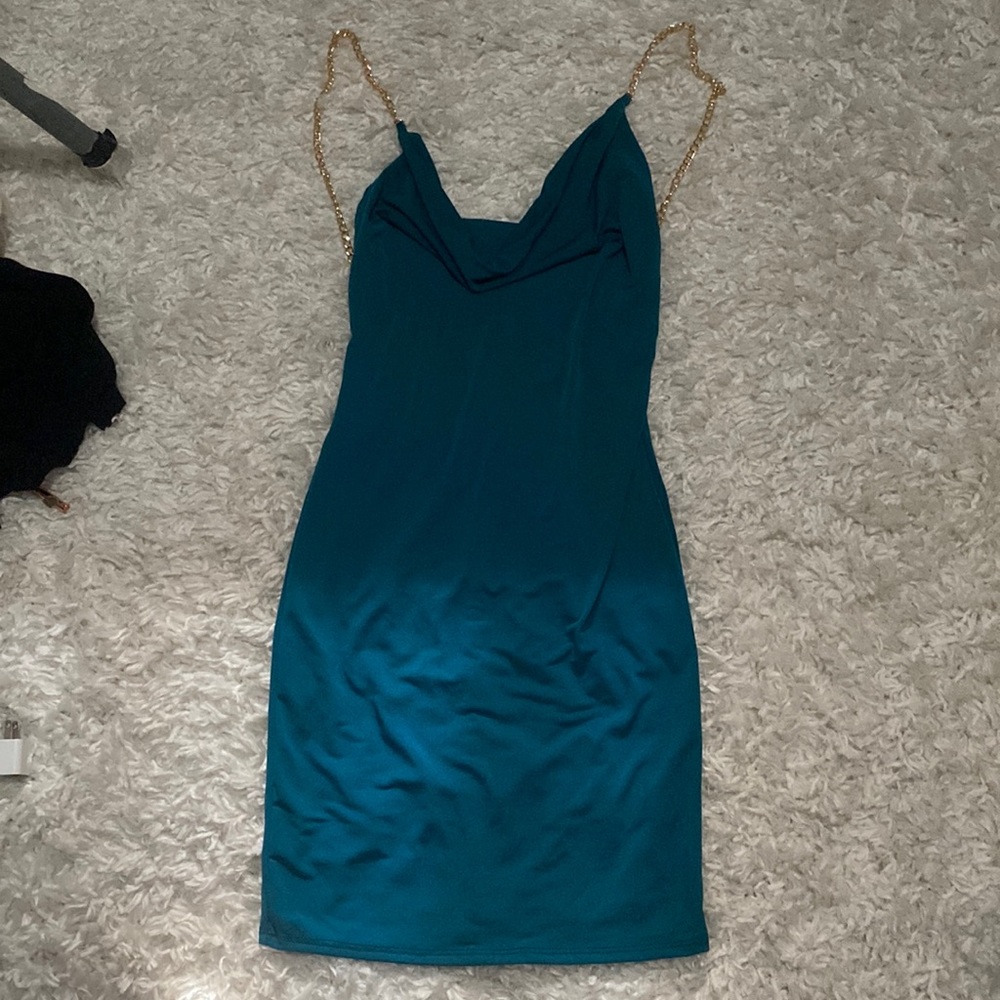 juniors small blue/green homecoming dress with open back and gold chain straps